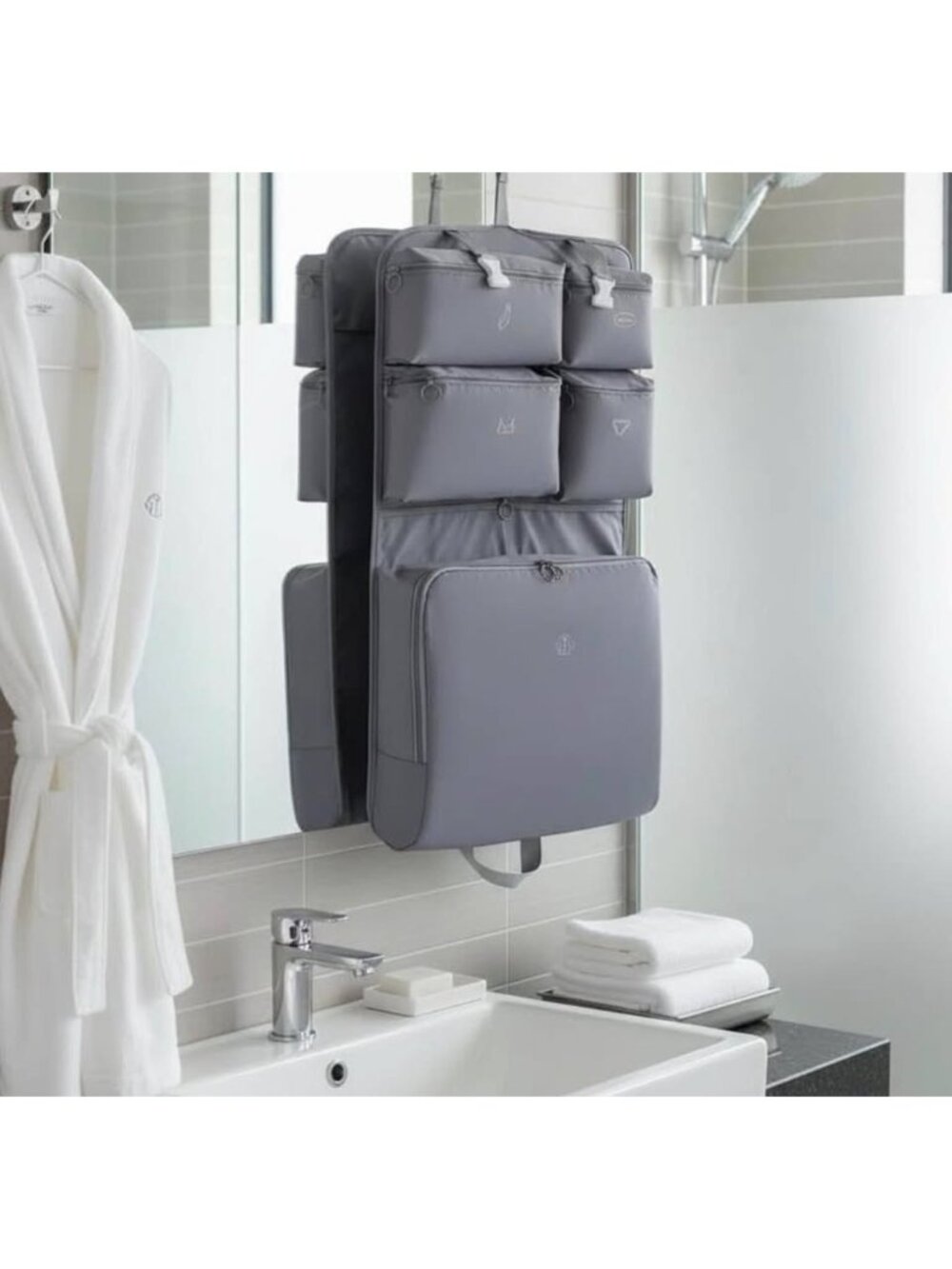 NEW Grey Hanging Travel Toiletry Bag Organizer 7-in-1 Folding